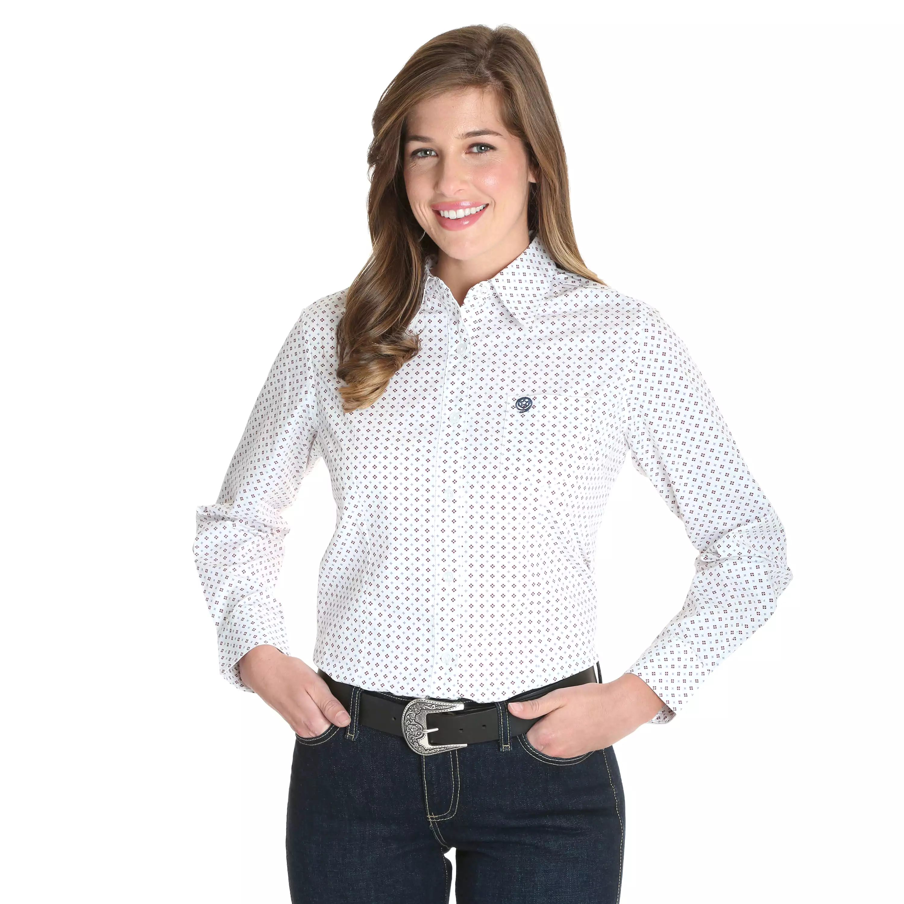 Women's Wrangler George Strait For Her White & Red Patterned Long Sleeve Shirt