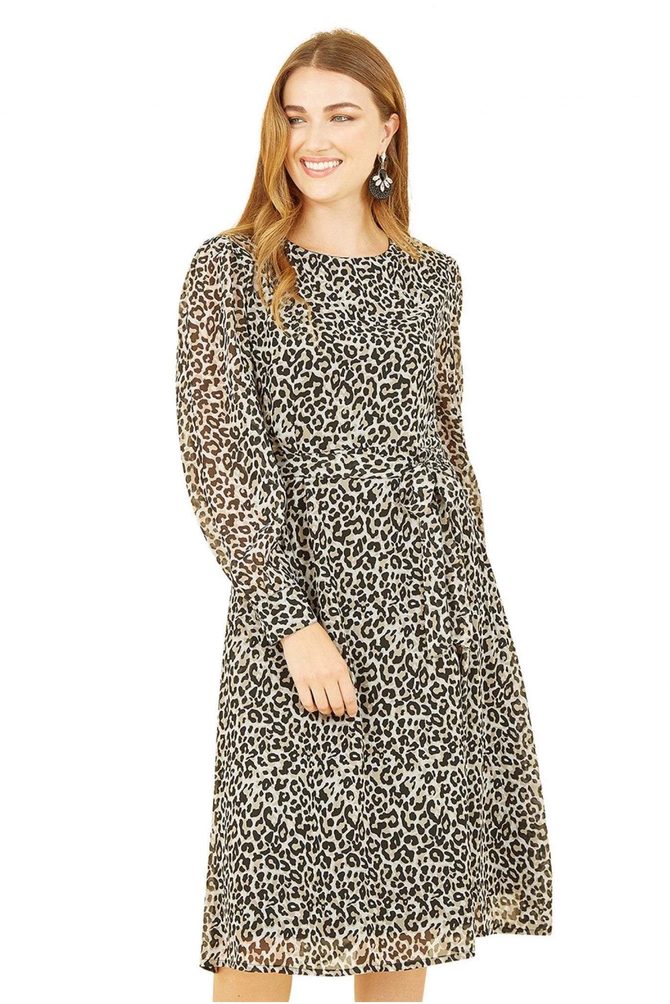 Yumi Black Leopard Long Sleeve Skater Dress