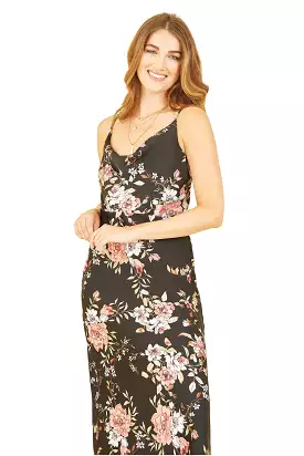 Yumi Black Satin Floral Cowl Neck Slip Dress