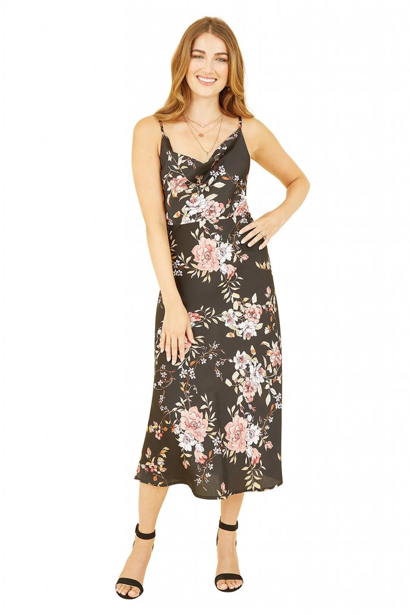 Yumi Black Satin Floral Cowl Neck Slip Dress