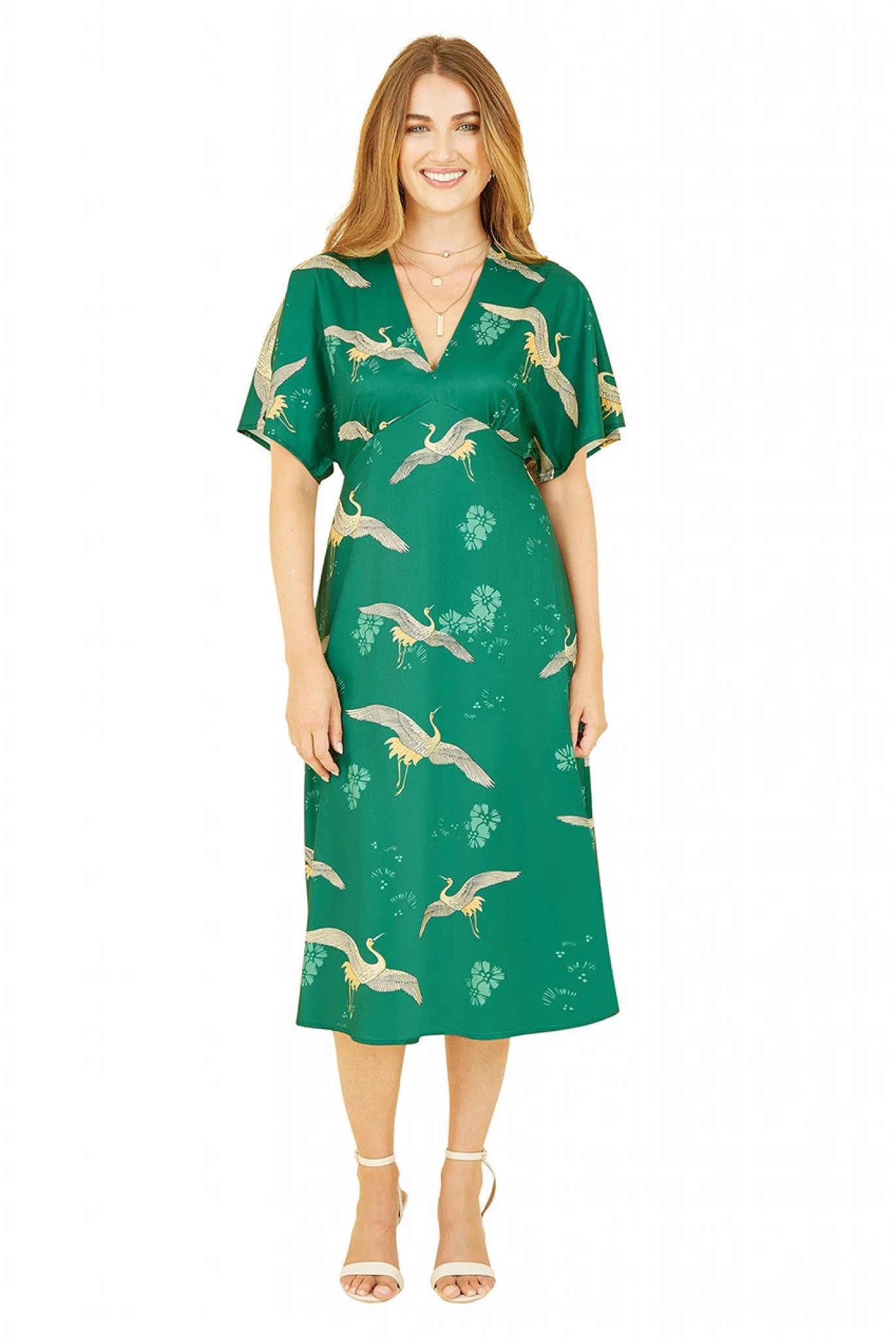 Yumi Green Crane Print Kimono Midi Dress