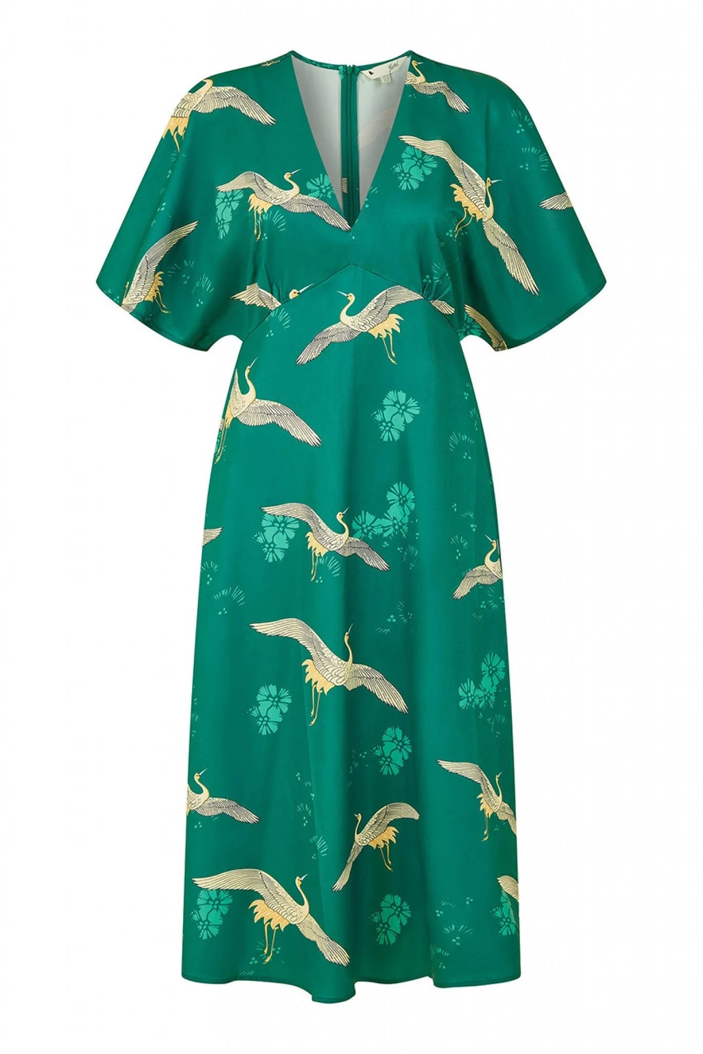 Yumi Green Crane Print Kimono Midi Dress