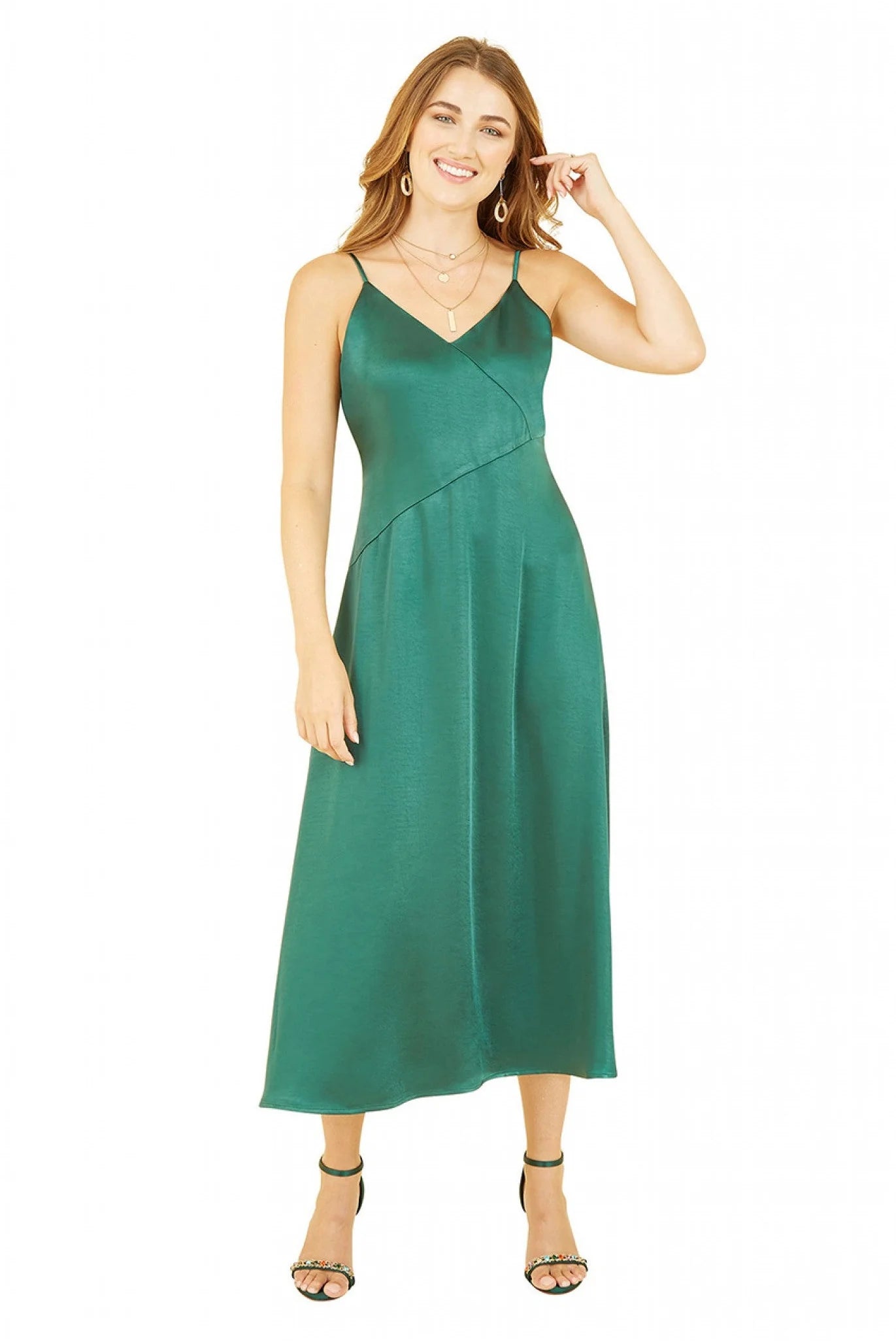 Yumi Green Satin Strappy Midi Dress