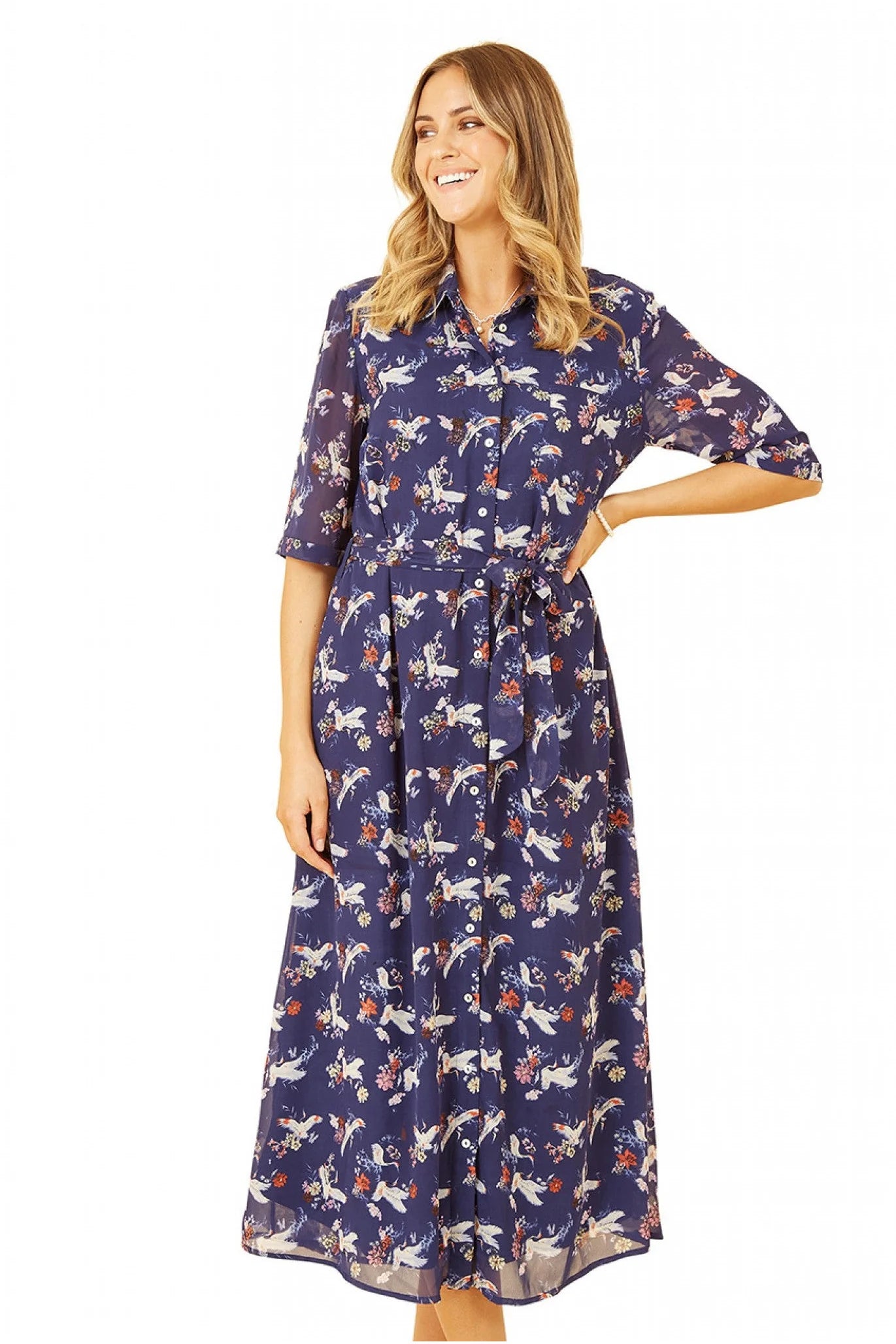 Yumi Navy Crane Print Midi Shirt Dress