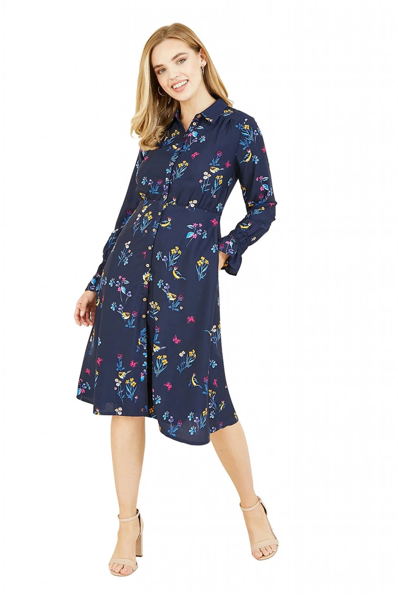 Yumi Recycled Navy Bird Print Shirt Dress