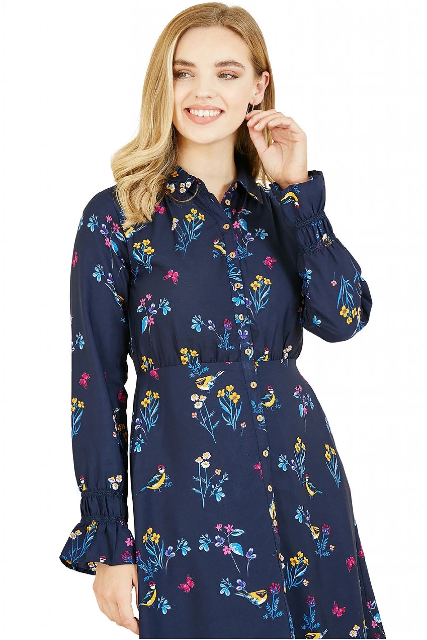 Yumi Recycled Navy Bird Print Shirt Dress