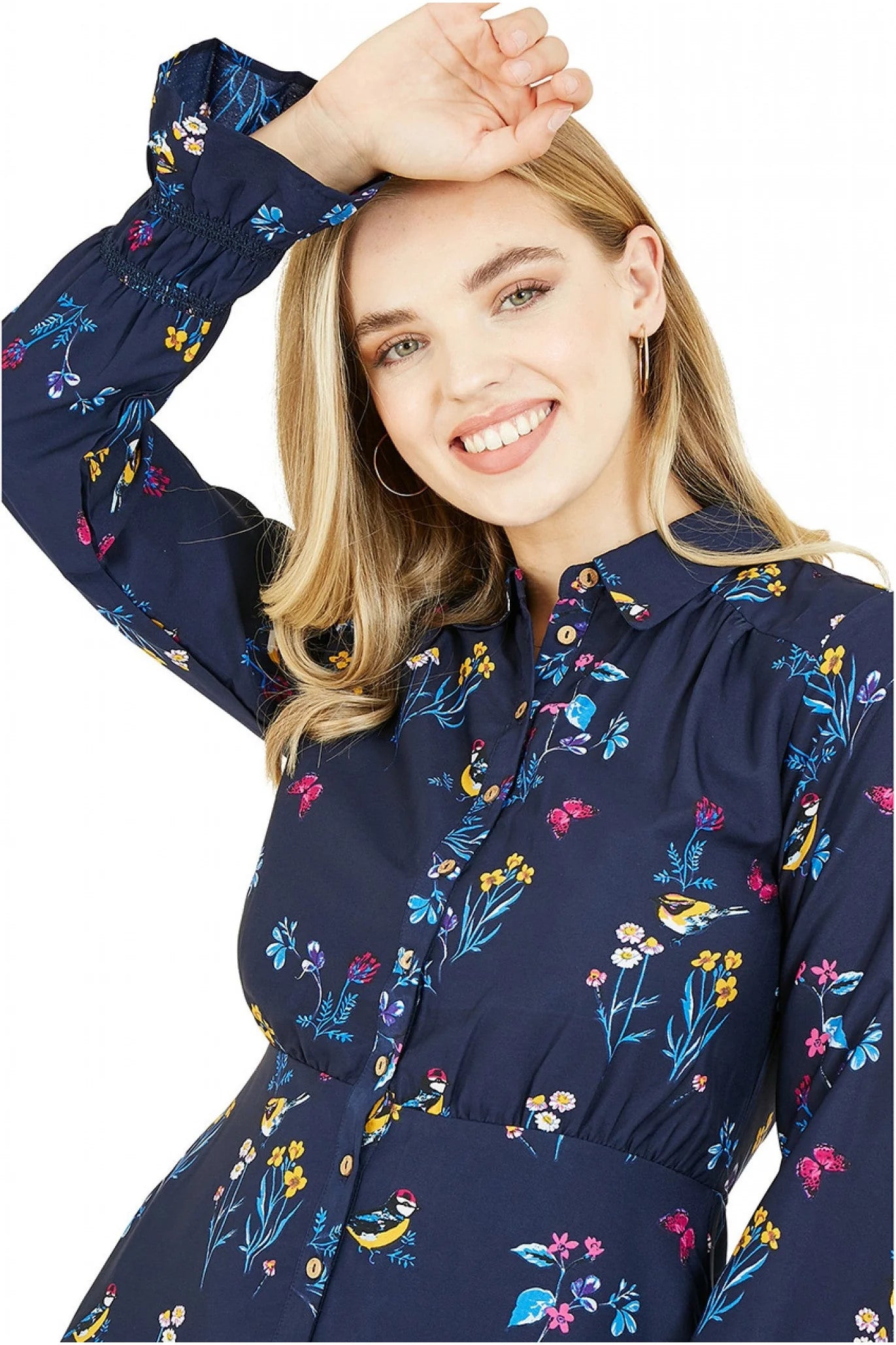 Yumi Recycled Navy Bird Print Shirt Dress