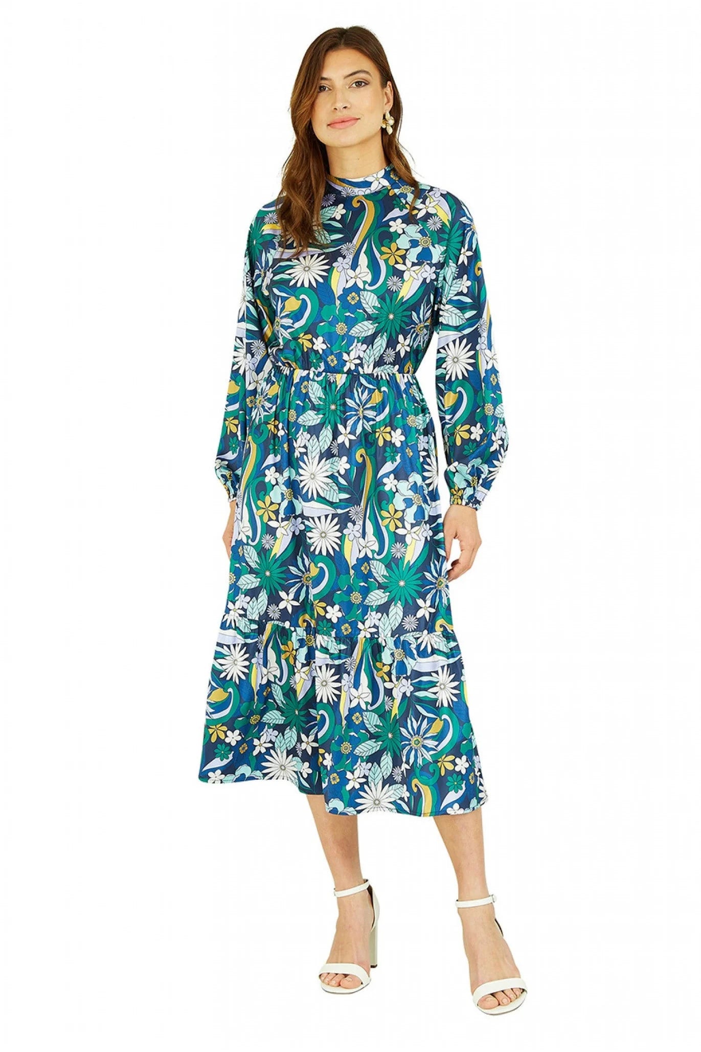 Yumi Seventies Floral Print High Neck Midi Dress